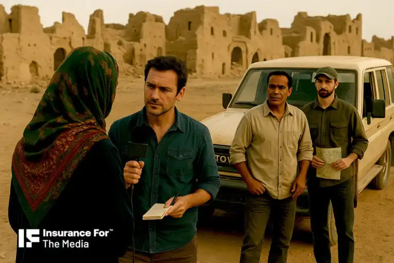 A journalist interviews a woman by ruins and SUV, with Insurance For The Media logo, highlighting specialist work travel insurance.