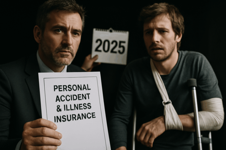 Two serious men discuss Personal Accident & Illness Insurance; one has a sling and crutches. A 2025 calendar is in the background.