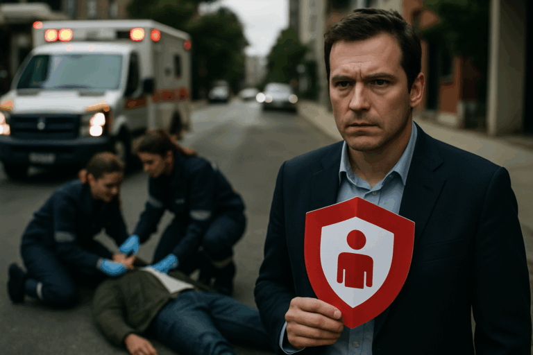 A suited man holds a red shield with a person icon as paramedics aid an unconscious individual by an ambulance on the street.